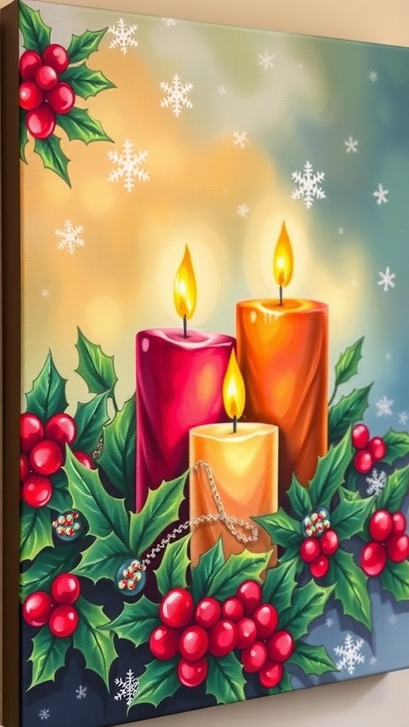 A colorful Christmas candle painting with holly and snowflakes on canvas.